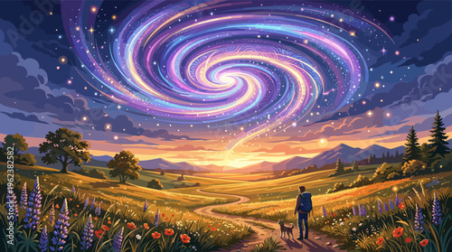 A traveler and his dog watch a surreal spiral galaxy at sunset. This magical illustration evokes wonder, adventure, and dreams. Perfect for fantasy or spiritual concepts.