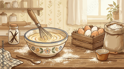 Cozy illustration of a rustic kitchen with home baking ingredients on a wooden table. A bowl of batter is being whisked for a wholesome, homemade recipe.