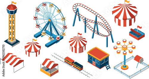 Isometric amusement park collection with ferris wheel roller coaster circus tents rides carnival attractions entertainment illustration design set