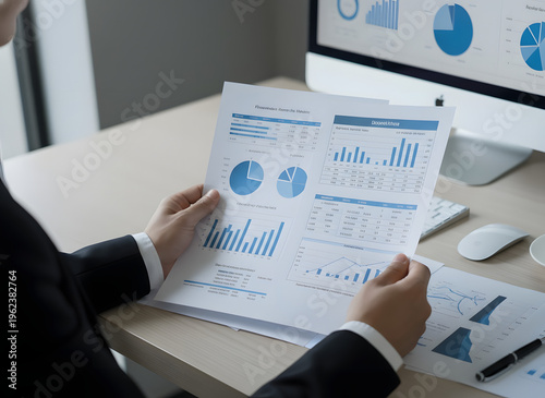 Businessman Analyzing Multiple Financial Charts and Business Reports on Office Desk, Detailed View of Corporate Data Documents and Statistical Graphs, Finance and Investment Concept Photography