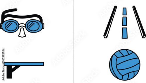 Simple graphic icons showing swimming goggles, a diving platform, a road marking, and a volleyball are arranged against a white background.