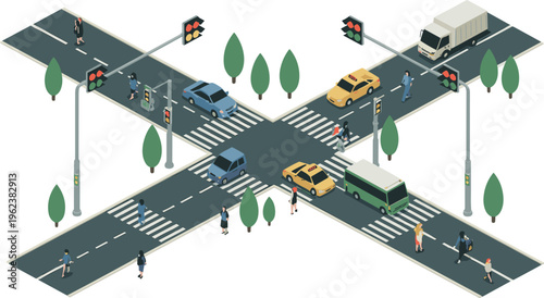 Isometric city intersection with traffic lights cars pedestrians crosswalk urban road transport safety junction street illustration modern transportation design