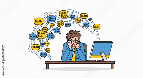 Cartoon illustration of a stressed businessman sitting at a desk with a computer and surrounded by chaotic speech bubbles on a plain white background.