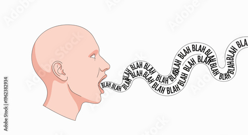 Illustration of a bald man speaking with a wavy line of words coming out of his mouth against a plain white background.