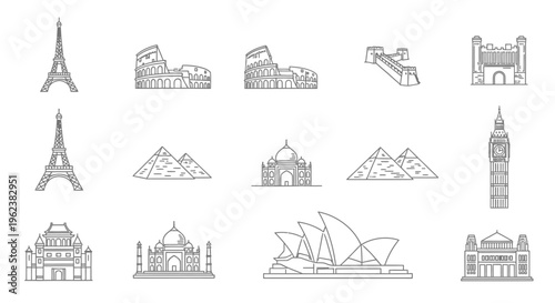 A set of iconic landmarks and famous buildings in a simple line drawing style on a white background.