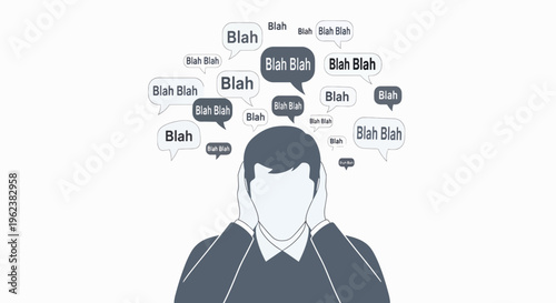 Illustration of a man covering his ears with speech bubbles full of blah blah blah around his head on a white background.