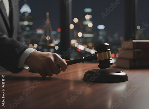 Judge Gavel on Dark Wooden Surface with City Lights Background, Dramatic Legal Concept with Wooden Mallet Symbolizing Justice and Authority, Law and Judiciary Photography