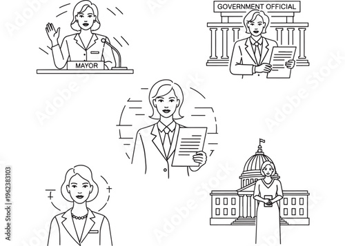 Politician illustrations set with government official and woman in business suit, various poses and scenes.