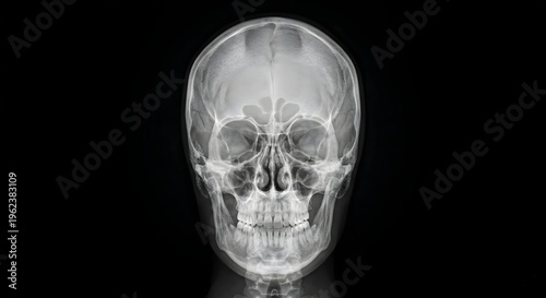 Frontal X-ray radiograph of a human skull showing bone structure and teeth on a dark background.