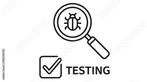 Magnifying glass icon with bug and testing checklist featuring verification, inspection, verification symbol with quality control and debugging