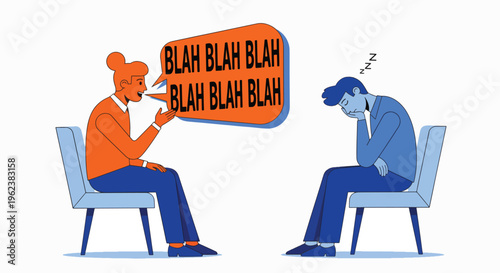 Cartoon illustration of a person talking while another person sits bored in chairs on a white background with blue and orange hues.