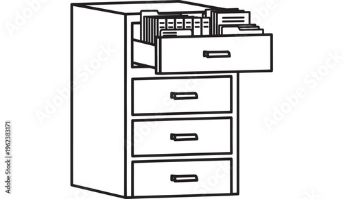 Drawer filing cabinet with three drawers and open top drawer showing office supplies featuring desk organizer, stationery, paperwork with storage and
