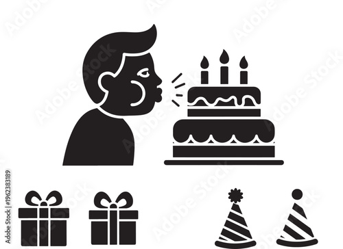 Birthday icons set with black silhouette graphics and party elements including a man blowing out candles on a cake