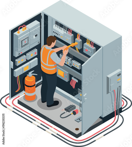 Isometric electrician repairing electrical control panel with wiring system, industrial maintenance concept, power distribution equipment, safety inspection and technical service illustration