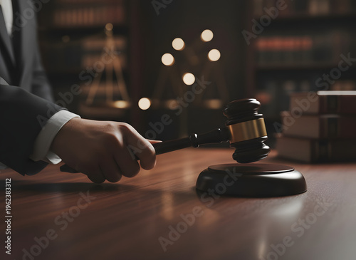 Attorney or Judge Working with Legal Books and Gavel in Law Library, Professional Lawyer at Wooden Desk Surrounded by Books, Legal Research and Justice Concept Photography