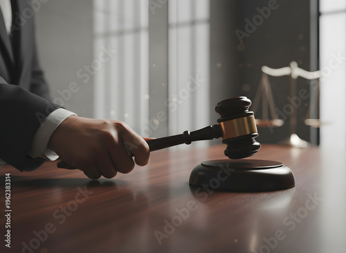 Wooden Judge Gavel Striking Sound Block in Courtroom Setting, Close-Up of Legal Hammer Representing Justice and Law, Professional Courtroom Photography for Legal and Business Use