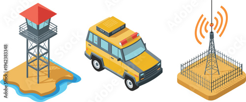 Isometric emergency communication infrastructure with watchtower, rescue SUV vehicle and wireless antenna tower, disaster response system, safety monitoring and network signal