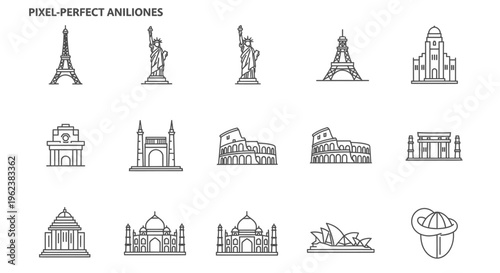 A minimalist line art illustration of famous landmarks and monuments from around the world on a white background.