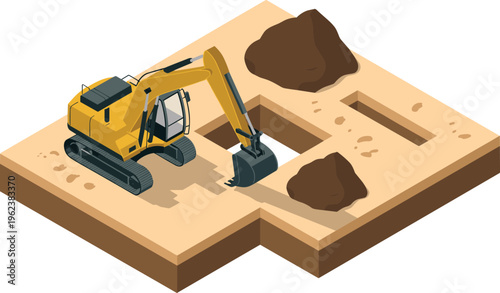 Isometric excavator digging foundation trenches on construction site, earthmoving equipment working with soil and rocks, civil engineering groundwork process illustration