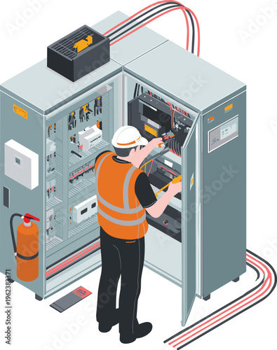 Isometric electrician servicing electrical cabinet with wiring system, industrial maintenance concept, power distribution equipment, safety inspection and technical repair illustration