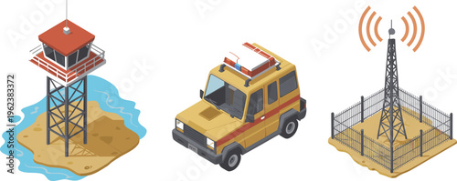 Isometric emergency communication system with watchtower, rescue vehicle and radio antenna tower, disaster response infrastructure, safety monitoring and wireless signal technology