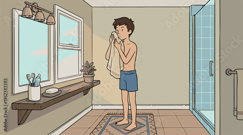 A shirtless man wipes his face with a towel in a bathroom with a shower and a window with a shelf