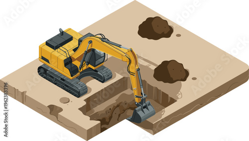 Isometric excavator digging trench on construction site, earthmoving equipment excavation process, heavy machinery working with soil, foundation work and engineering concept
