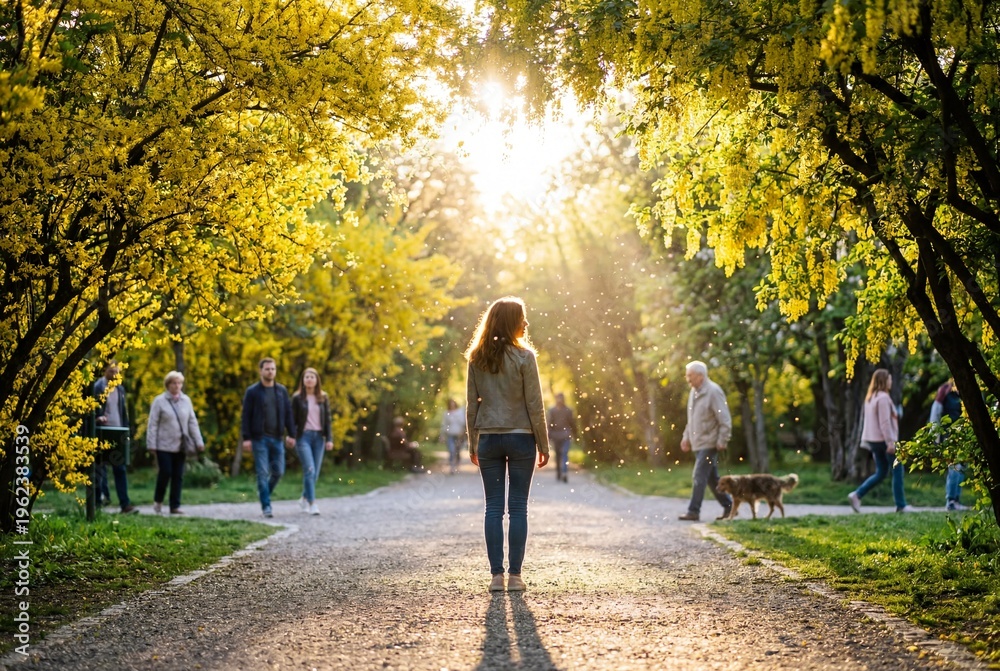 Obraz premium Woman walking along a sunlit park path framed by blooming yellow trees during spring, with warm backlight, soft bokeh, and peaceful urban nature atmosphere in a scenic outdoor setting.