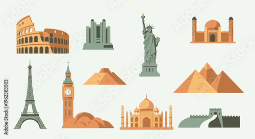 Flat lay illustration of various iconic landmarks from around the world on a plain background in a graphic design style.
