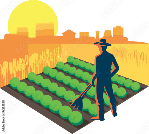 Isometric farmer working in vegetable field at sunset with rural landscape, agriculture concept, organic farming, crop cultivation and sustainable food production
