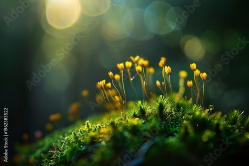 Small yellow flowers are growing on a bed of moss in a backlit forest