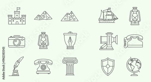 A collection of 16 line icons depicting various historical and cultural symbols on a pale green background.