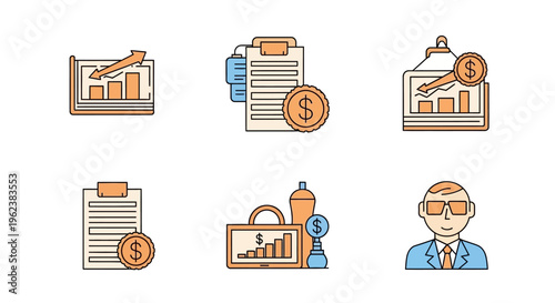 Businessman with finance documents icon.