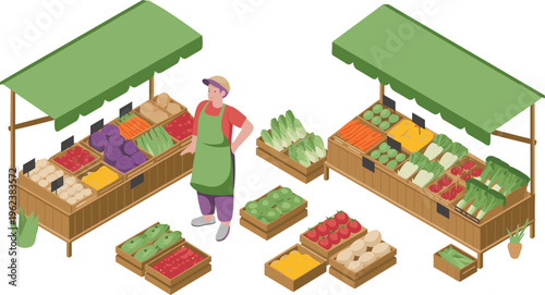 Isometric farmers market stall with fresh vegetables and vendor showcasing organic produce local food retail concept outdoor marketplace scene