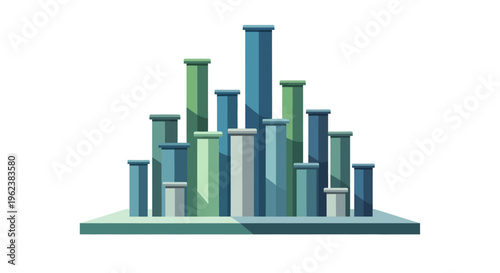 The illustration depicts a daytime cityscape scene with a group of buildings standing on a flat surface in a graphic design style from a front viewpoint.