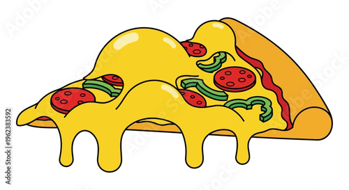 A delicious slice of pizza with melted cheese and toppings on a plate in a restaurant setting viewed from above.