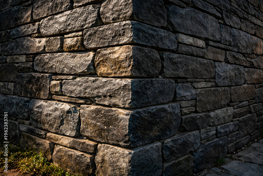 Fototapeta premium Close up corner of dark grey granite stone wall