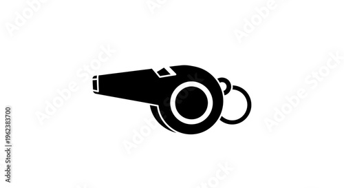 A close-up illustration of a black whistle on a white background with a ring attached.
