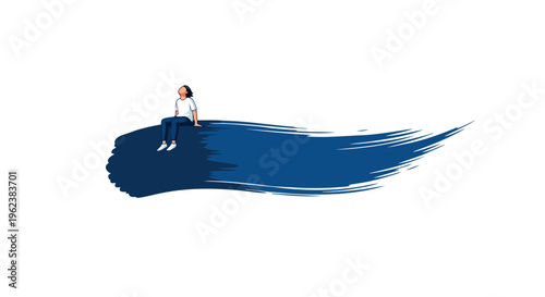 Person sitting on a large blue brush stroke floating in air with white background
