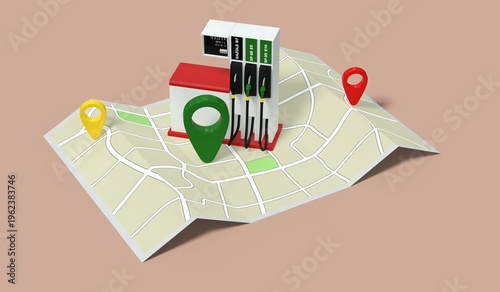 Road map with locations of gas stations and cheapest fuel