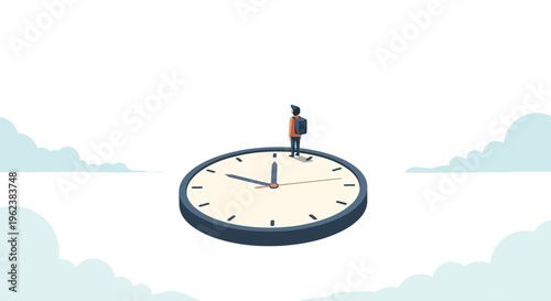 A man in a suit stands on a large clock floating in the air with clouds in the background.