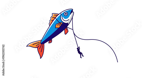 A colorful fish is being reeled in with a fishing line on a sunny day outdoors.