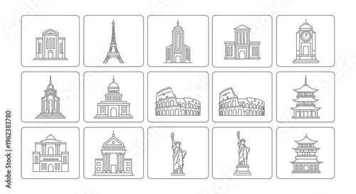 Collage of 14 black and white line drawings of famous landmarks from around the world on a white background with thin gray outlines.