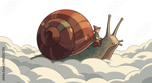A whimsical illustration of a snail carrying a person on its shell floats gently through the air amidst fluffy white clouds.