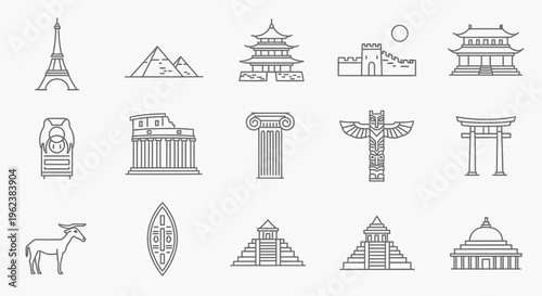 A minimalist line art illustration of famous landmarks and monuments from around the world on a plain white background.