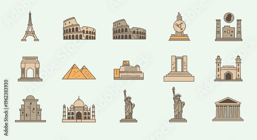 Flat lay illustration of various famous landmarks and monuments from around the world on a pale green background.