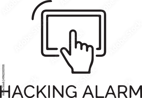 A black and white icon of a hand clicking on a screen with a hacking alarm warning sign