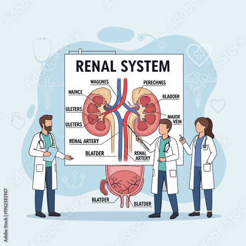Medical Team Explains Renal System Anatomy with Kidney and Bladder Diagram