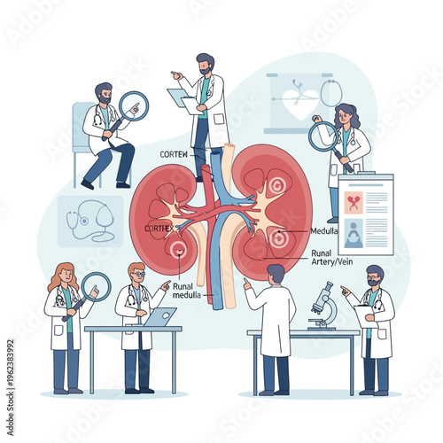 Medical Team Studies Kidney Anatomy with Doctors Examining Organ and Data