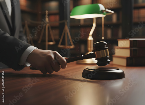Judge Gavel with Legal Scale and Green Desk Lamp on Wooden Table, Classic Law and Justice Concept Photography with Judicial Symbols, Attorney Office or Courtroom Decoration